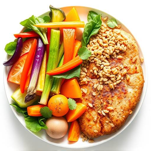 A balanced and healthy plate of food featuring colorful vegetables, lean protein, and whole grains