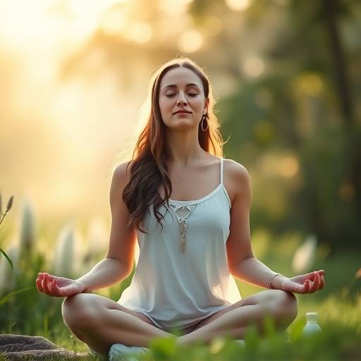 Woman meditating peacefully in a serene environment, promoting stress relief
